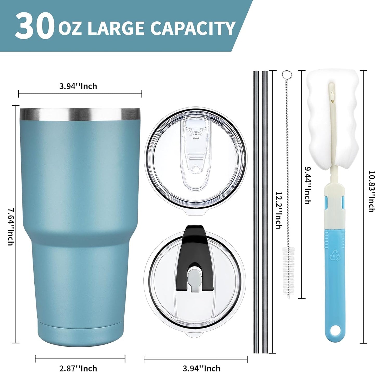 30 oz Tumbler with Lids and Straws, Stainless Steel Insulated Coffee Tumbler, Double Wall Vacuum Insulated Travel Mug Cup, Leakproof Thermal Coffee Cup for Hot and Cold Drinks (Azure Blue)