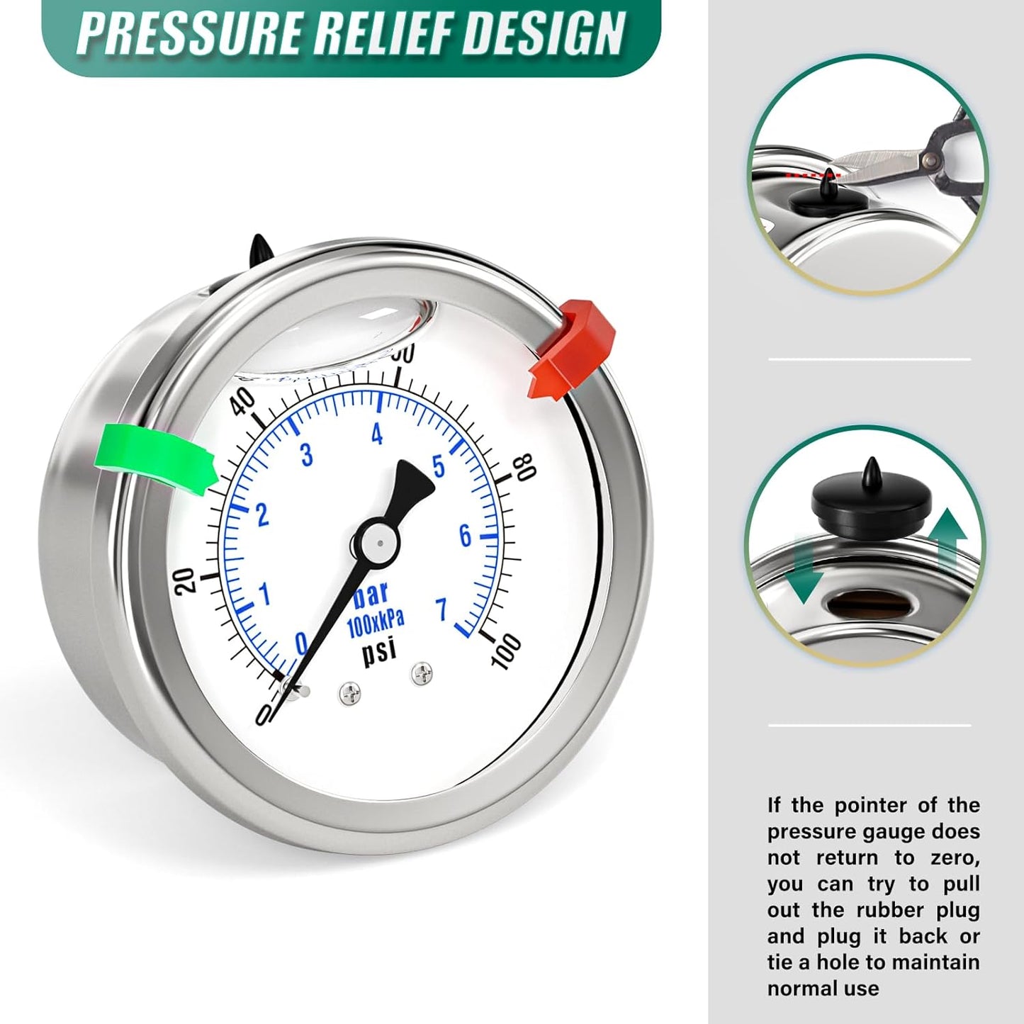 0-100PSI Stainless Steel Liquid Filled Pressure Gauge, 2.5" Dial Size, 1/4" NPT 316 Stainless Steel Joint, Back Mount, for Tube, Water Pump, Gas, Liquid (with Range Mark Pointer)