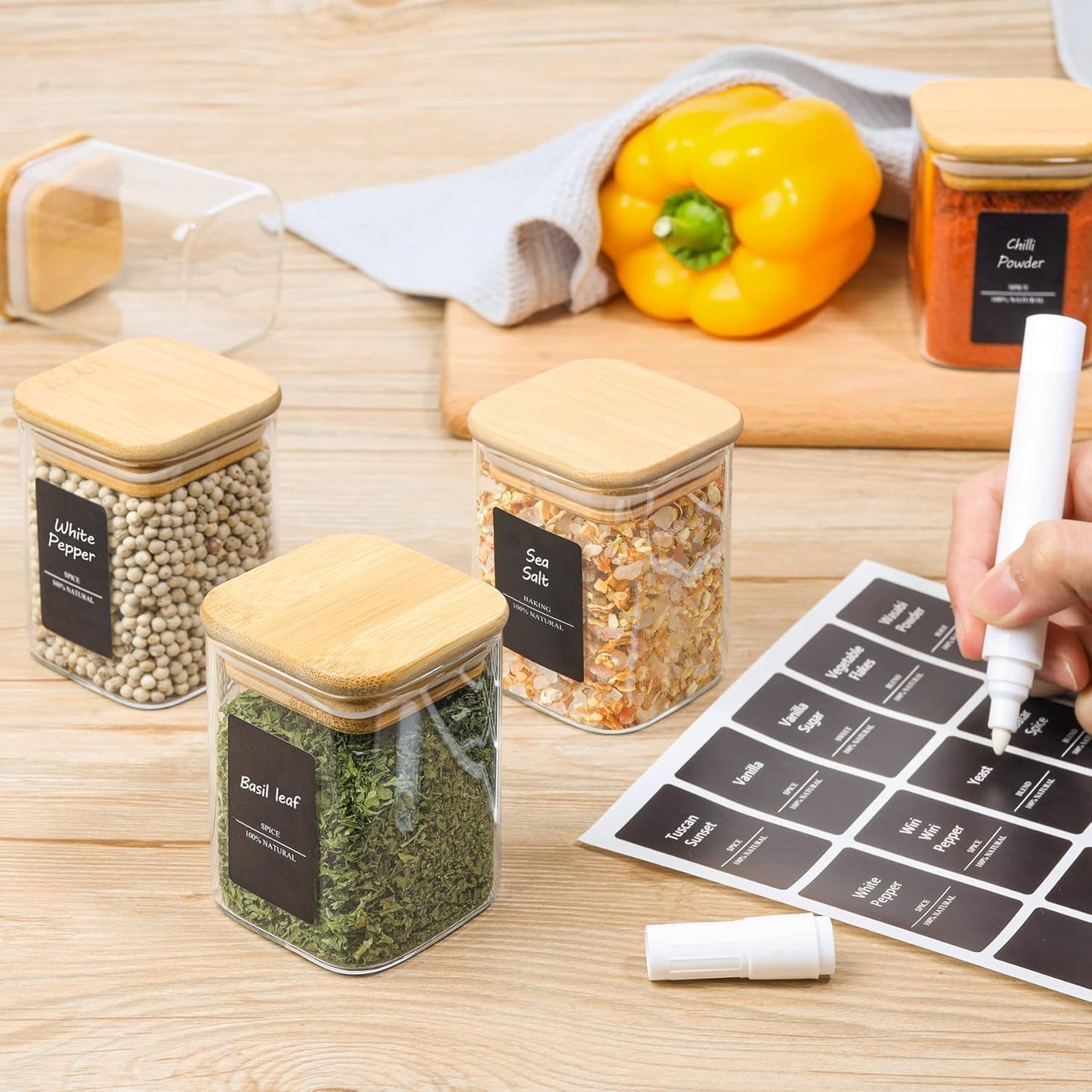 ComSaf 6Pcs 6 oz Spice Jars with Label Trial Set, Glass Spice Jars with Bamboo Lids Supplementary Set, Seasoning Container Trial Pack, Perfect for Ktichen Starter