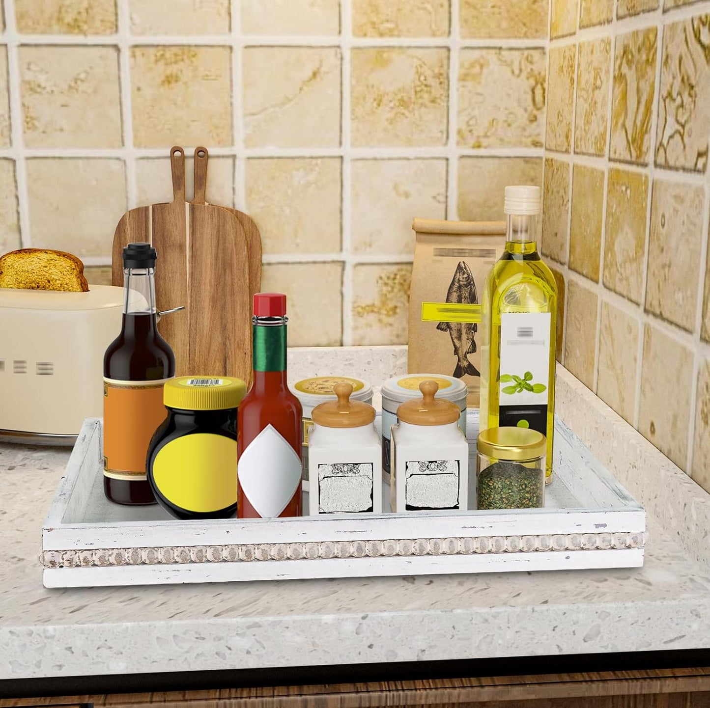 MAONAME Wood Serving Tray, Farmhouse Wooden Tray for Coffee Table, Rustic Rectangle Trays with Beads, Vintage White Decorative Trays for Living Room, Kitchen, 15.7" X 11.8" X 1.57"