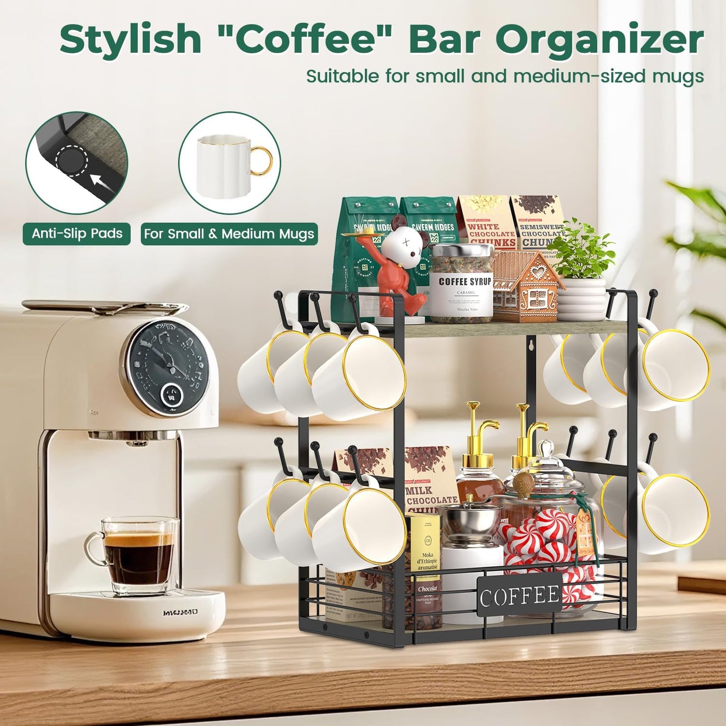 EsLuker.ly Coffee Mug Cup Holder Stand Bar Station Organizer for Countertop, Multi-Functional 2 Tier Mug Tree Rack for Kitchen, Storage Shelf with 12 Hooks, Grey Oak-Black(Patented Design)