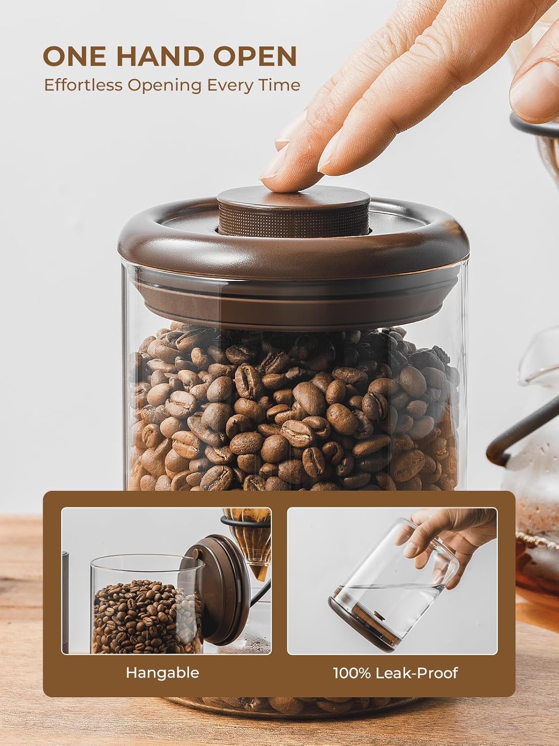 Glass Coffee Container - 900ml x 2 Pop Top Coffee Storage Airtight Canister, Large Ground Coffee Containers Coffee Jars with Lids 300g Brown