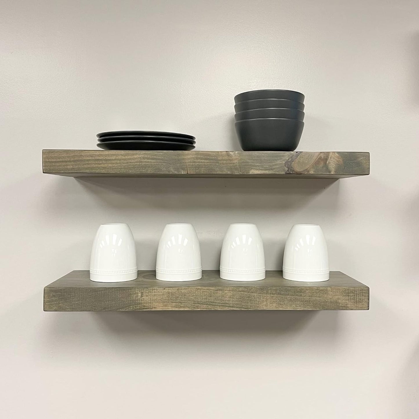 URBANDI, Rustic Floating Shelves, Set of 2, Hidden Bracket, Solid Wood, Heavy Duty, Wall Mounted Shelves, (Grey, 36Wx6D)