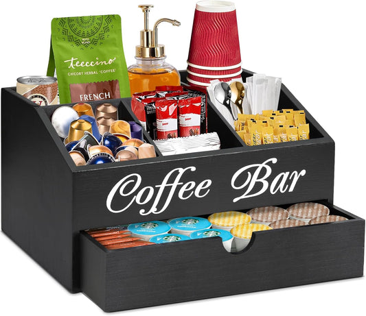 Farmhouse Wooden Coffee Bar Organizer - Countertop Station With Drawer, Pods Holder & Storage Basket