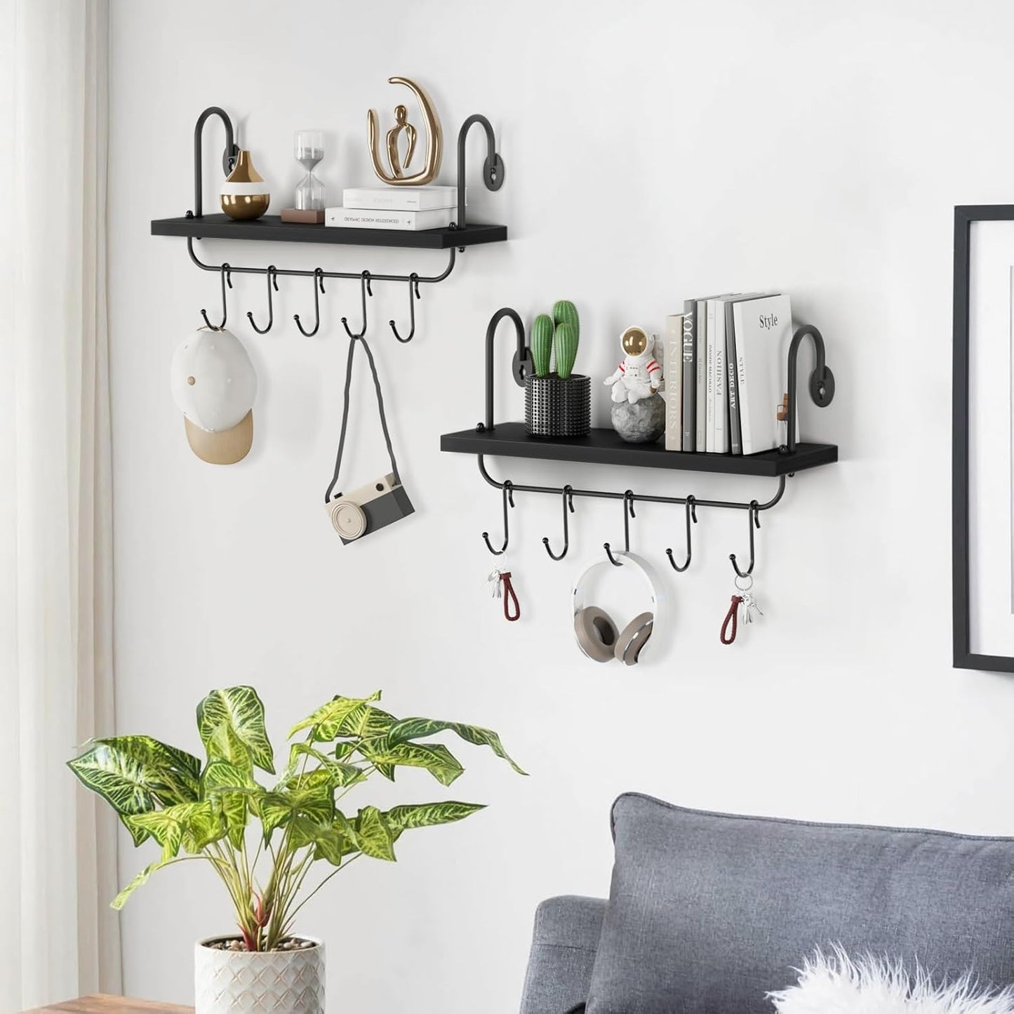 Olakee Floating Wall Shelves for Kitchen Bathroom Coffee Nook with 10 Adjustable Hooks for Mugs Cooking Utensils or Towel Rustic Storage Shelves Set of 2/17x5.9 inch (Black)