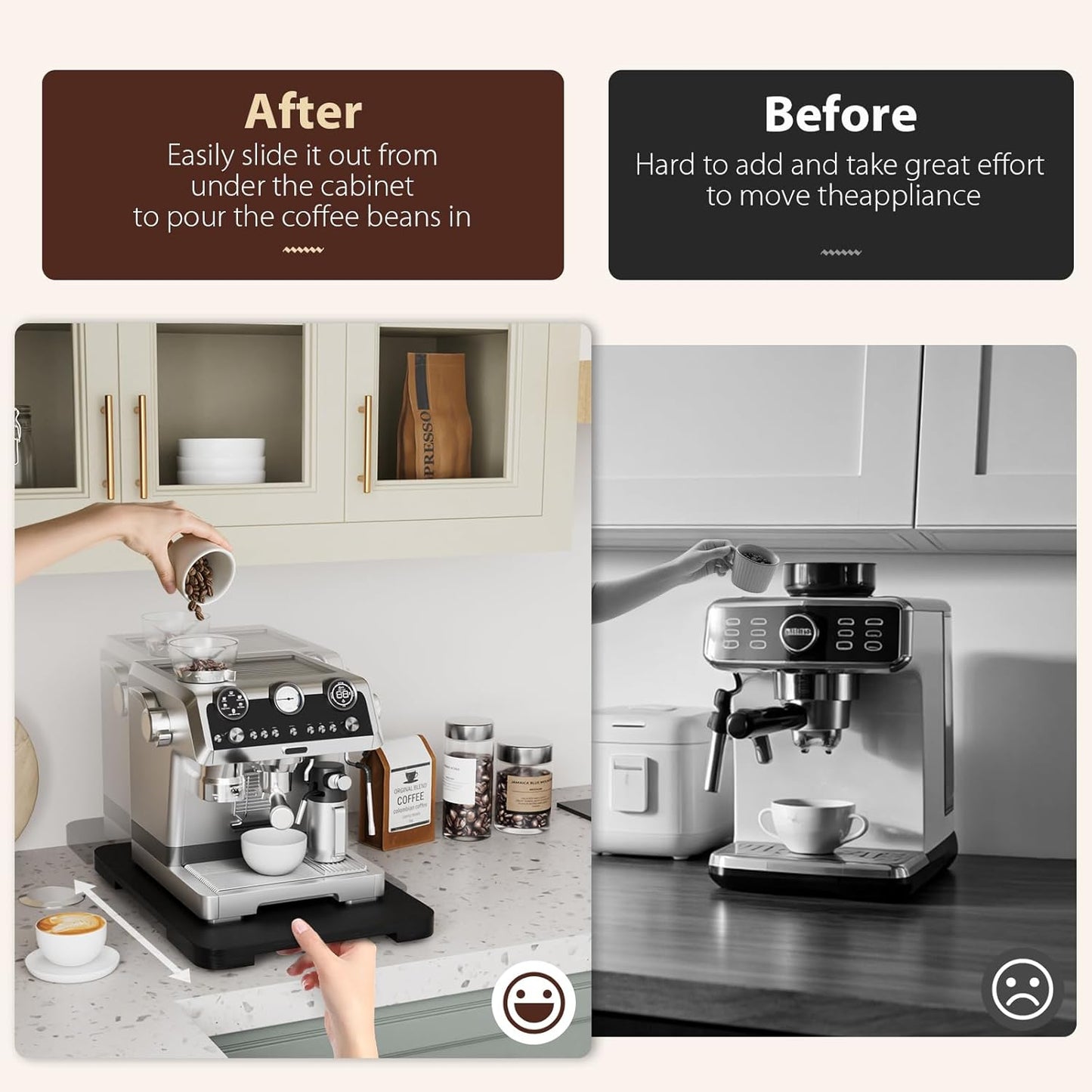 GuanQiao 360° Rotation Appliance Slider for Coffee Maker & Heavy Kitchen Appliance, Bamboo Rolling Tray for kitchen Counter, Sliding Tray with Premium Wheels (Black, 13.9"×11.6")