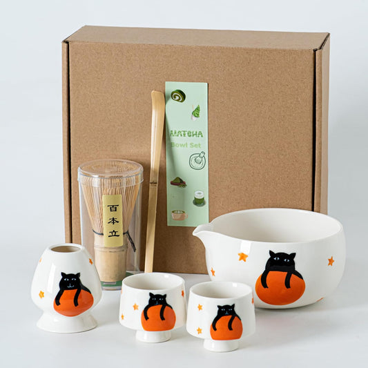 Matcha Set -Cute Cat Matcha Bowl Set with Whisk, Scoop, Whisk Holder & 2 Cups | 6 Pcs Authentic Matcha Tea Ceremony Kit | Great Gift for Tea Lovers