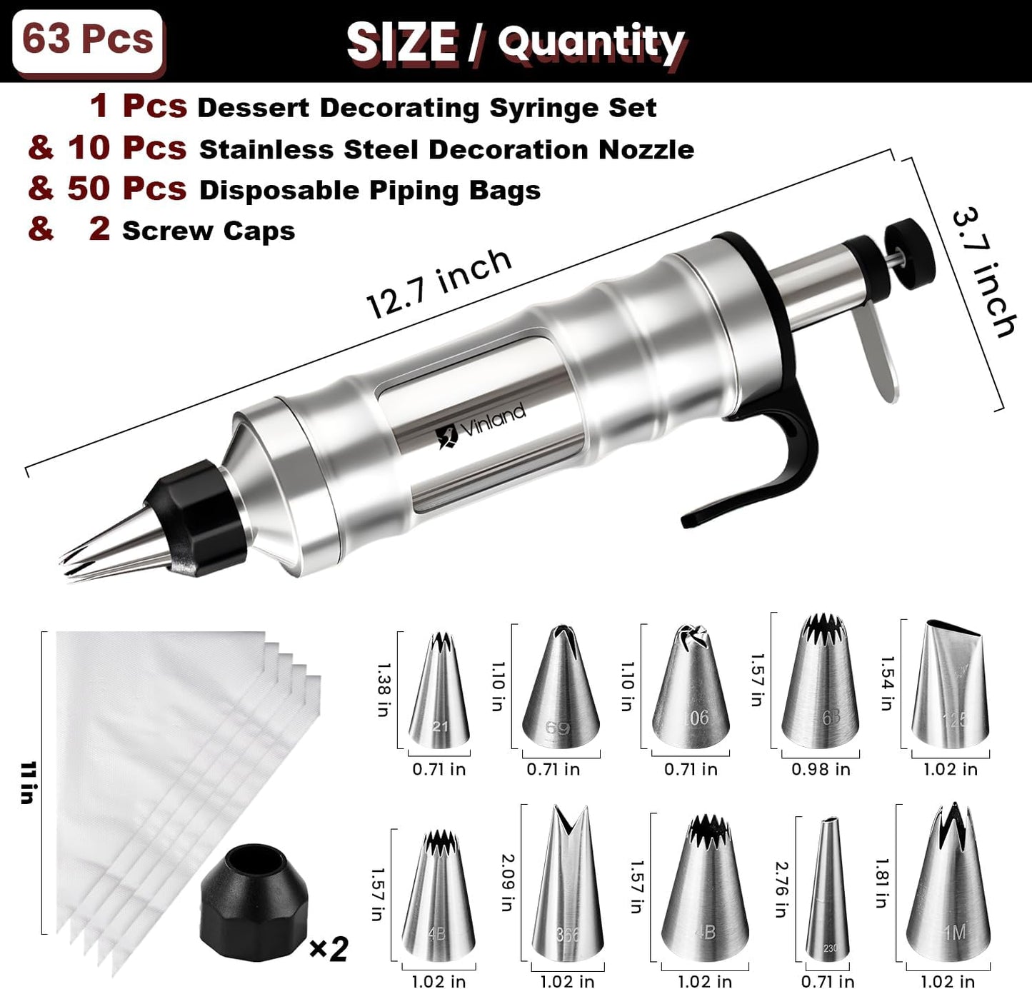 Dessert Decorating Syringe Set Icing Piping Kit Frosting Piping Kit Stainless Steels Cake Decorating Kit with 10 food grade stainless steel piping tips & 50 Disposable Piping Bags Black