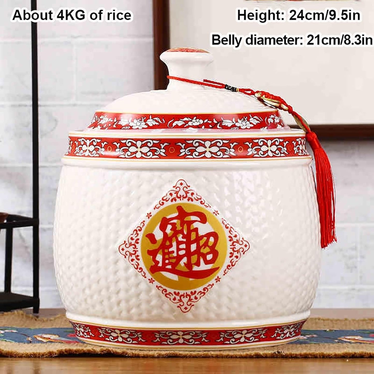 Chinese Sealed Large-Capacity Rice Pot, Ceramic Rice Bucket With Tassel Design, Grain Storage Ceramic Container, Rice Dispenser Airtight Storage Bucket For Grains Snacks Candy Coffee Beans Food(A,Capa