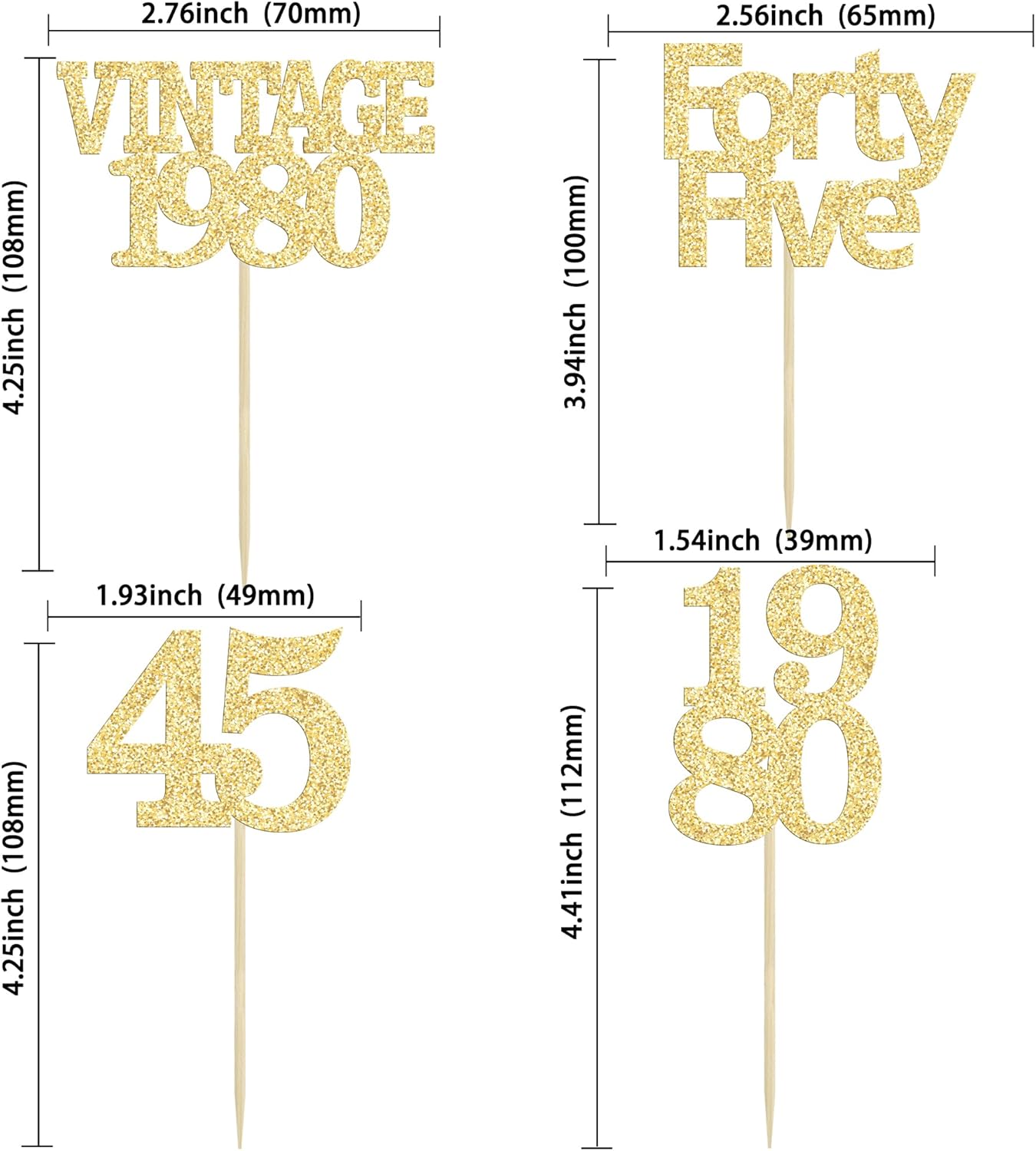 Gyufise 24Pcs 45th Birthday Cupcake Toppers Glitter Cheers to 45 Fabulous Forty Five Vintage 1980 Cupcake Picks 45th Birthday Wedding Anniversary Party Cake Decorations Supplies Gold