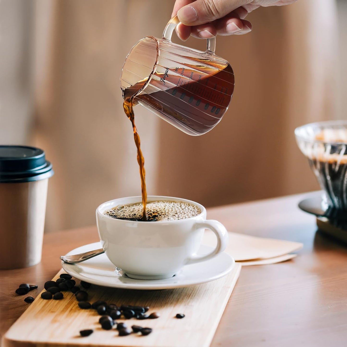 Joeyan 7 oz Glass Measuring Cups with Spout,Borosilicate Large Glass Triple Pitcher with Scale,Origami Style Espresso Shot Glasses with Wood Handle for Coffee Milk