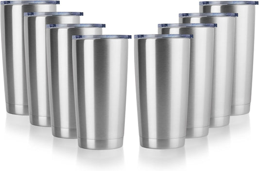 DOMICARE 20oz Stainless Steel Tumbler Bulk with Lid, Double Wall Vacuum Insulated Travel Mug, Powder Coated Coffee Cup, Stainless Steel, 8 Pack