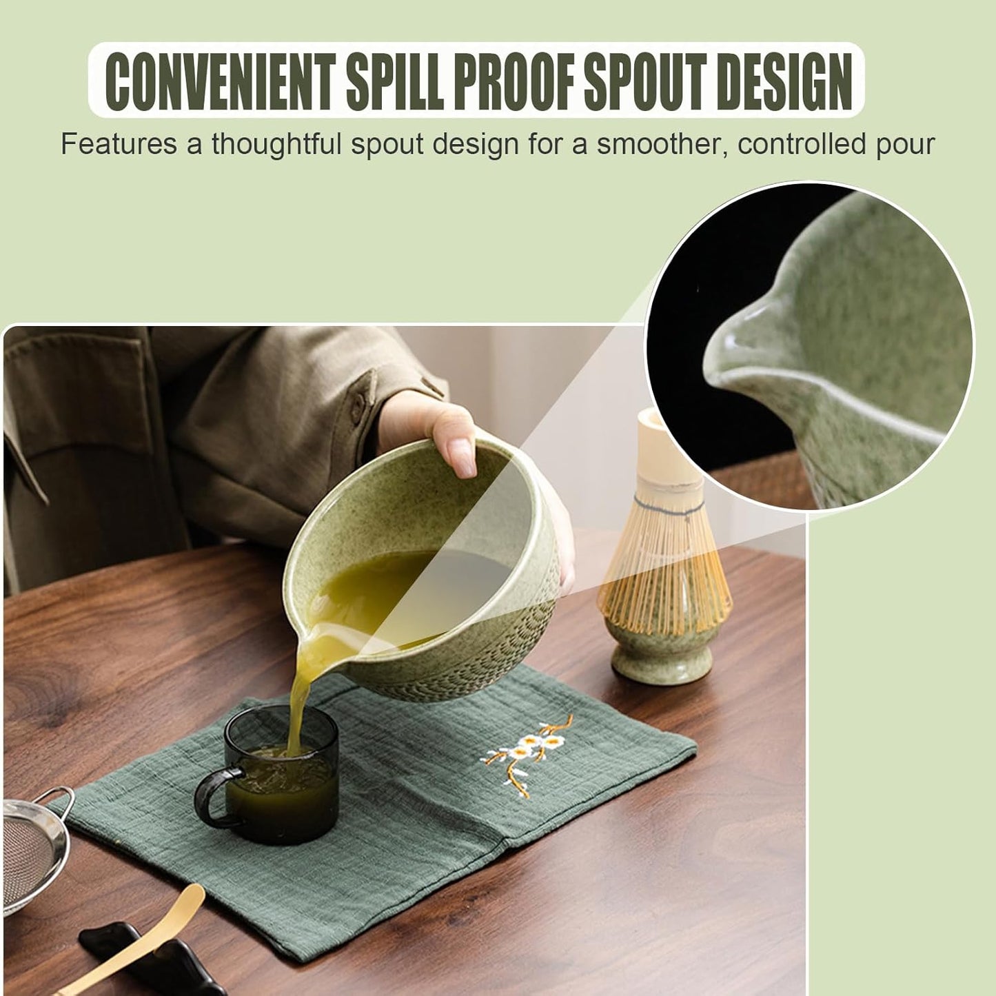 Ceramic Japanese Style Matcha Bowl Whisk Holder Temperature Resistant Braid Textured Matcha Tea Bowl Set With Spout for Trip (Light Green)