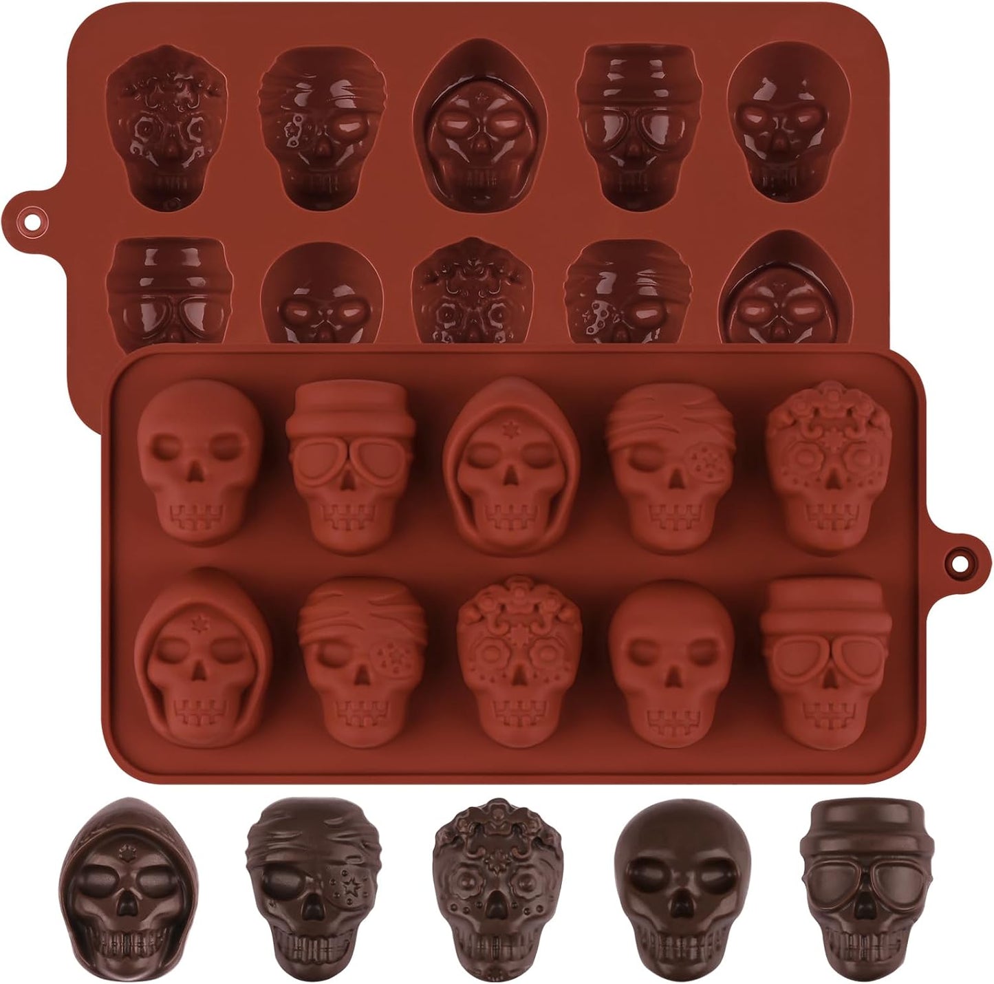 Actvty Skull Chocolate Molds, Halloween Chocolate Candy Molds, 2 Packs 10 Cavity Skull Silicone Molds with 5 Different Designs for Making Chocolate, Candy, Gummy, Jello, Cake Decor, Wax Melts
