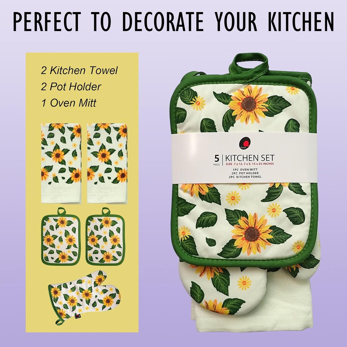 Oven Mitts and Potholders Dish Towles Set 100% Cotton for Perfect for Gifting, Baking and Everyday Cooking Durable Heat Resistant for Kitchen (5-Piece Sunflower)