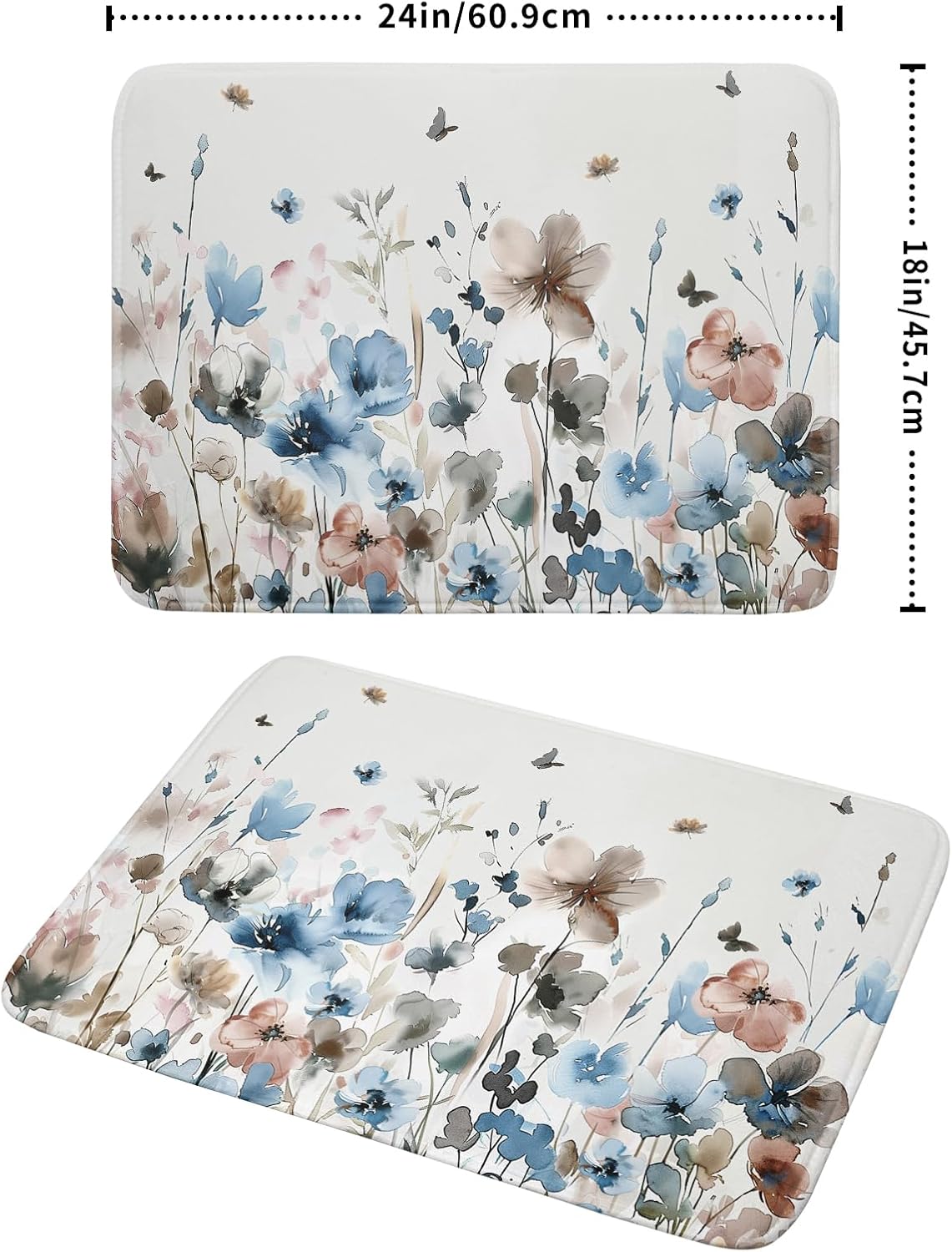 Giwawa Watercolor Floral Dish Drying Mat, 18"x24" Blue Grey Brown Flowers Kitchen Drainer Mats, Spring Summer Wildflower Microfiber Large Dish Drying Pad for Countertop Tabletop Decoration