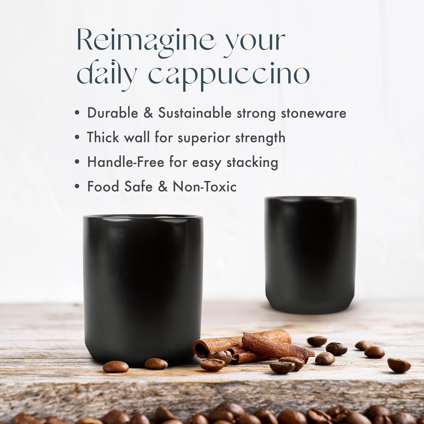 Folk Ceramics Dylan Ceramic Cappuccino Cups Set | Double Walled Ceramic Coffee Mug Set | Compact & Heat Insulated Cappuccino, Tea, Coffee & Latte Cup | 8oz, Set of 2 | Matte Black