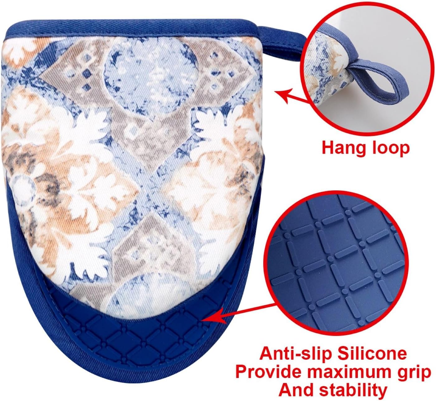 Mini Silicone Oven Mitts, Heat and Slip Resistant Kitchen Mittens 2-Pack Set, Vintage Carpet Flower Short Soft Oven Gloves, Flexible Thick Pot Holders for Safe Cooking Baking and (Dusty Blue)