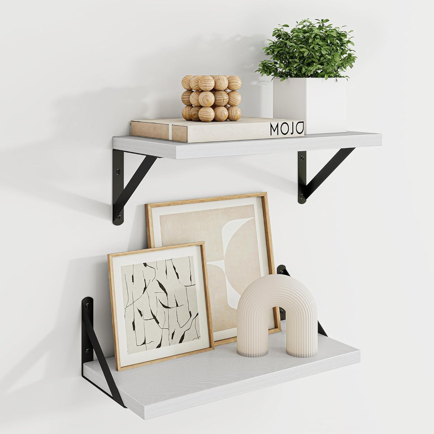 Dreamland White Floating Shelves for Wall, 16W x 8D Wall Mounted Shelves Set of 2, Floating Shelves Bedroom with Sturdy Metal Brackets for Living Room, Bathroom and Kitchen