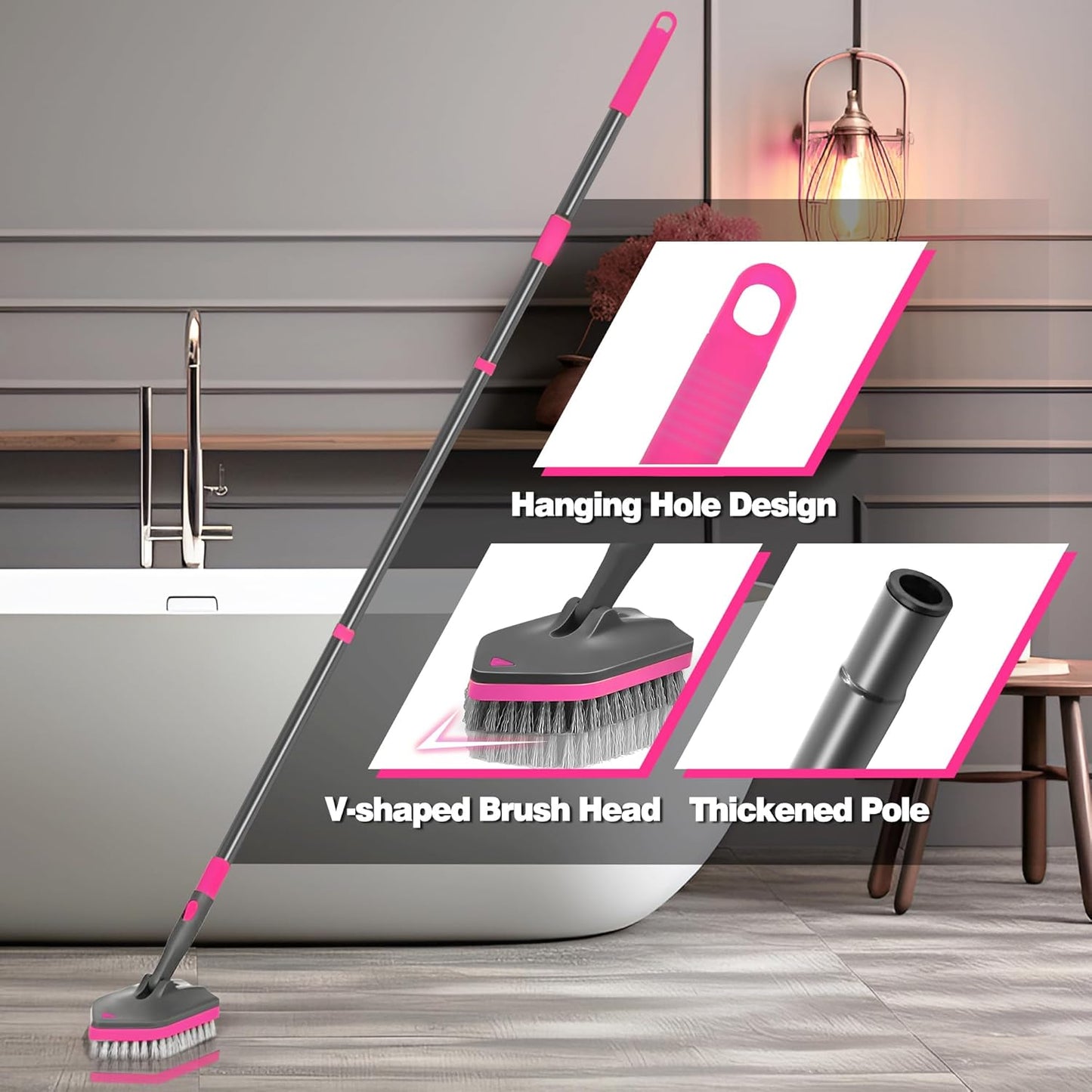 NEWE Shower Cleaner Brush, Tub Tile Scrubber with Telescopic Long Handle 60 inches, 4 Scrub Heads for Cleaning Bathroom Bathtub Floor Baseboard Sink Kitchen Toilet (Grey Red)