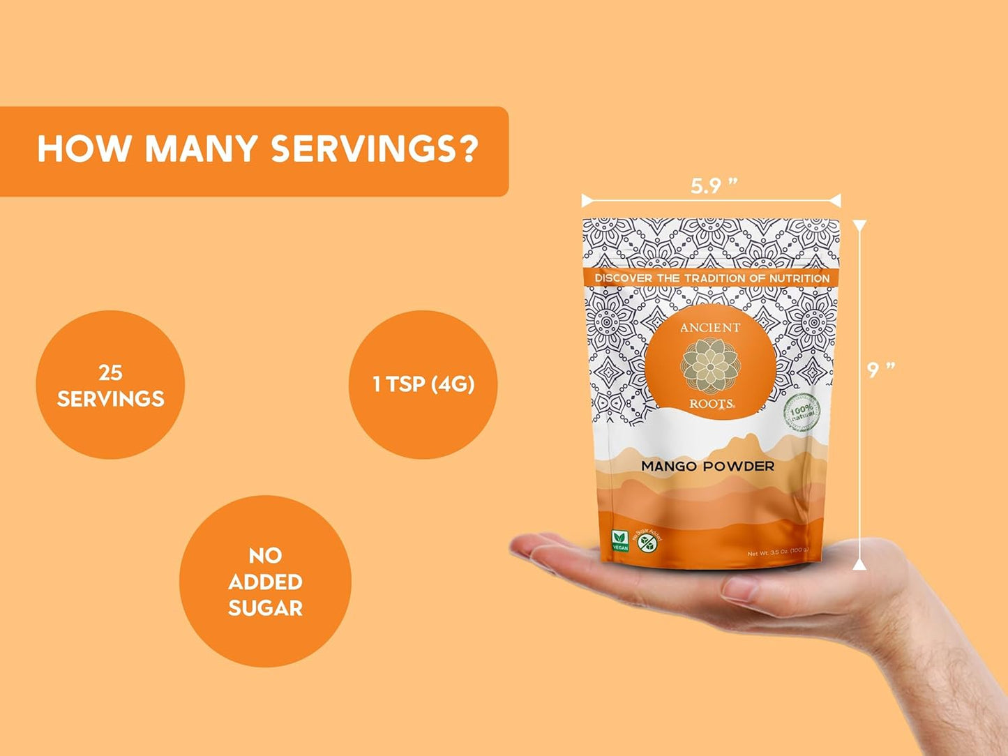 Ancient Roots Mango Fruit Powder - All-Natural Fruit Powder, Filled with Antioxidants, No Sugar Added, Indian Mango, Tropical Smoothie Mix - 3.5 ounces (25 Servings)