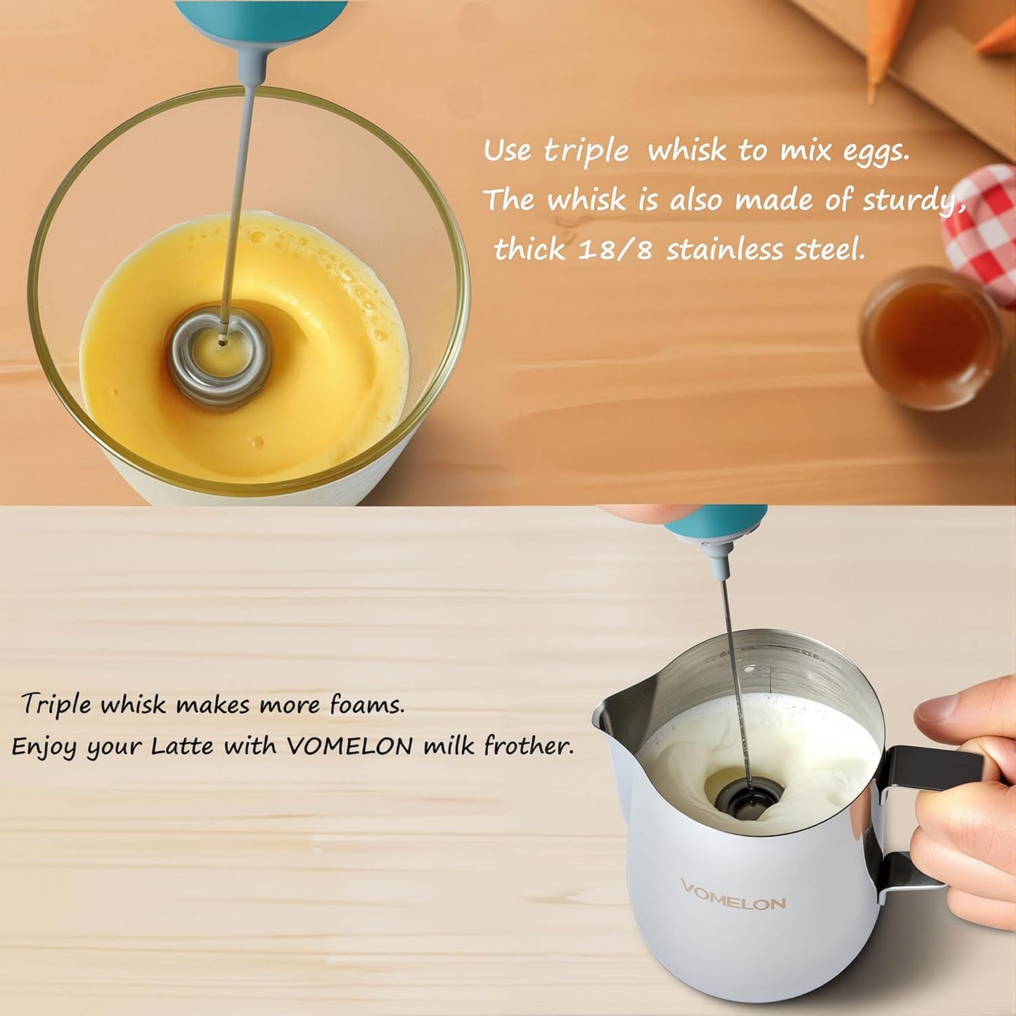 Milk Frother Handheld, Battery Operated Coffee Foamer Drink Mixer with 2 Stainless Steel Electric Whisks for Coffee, Latte, Cappuccino, Hot Chocolate, Protein， Batteries Included, Light Blue