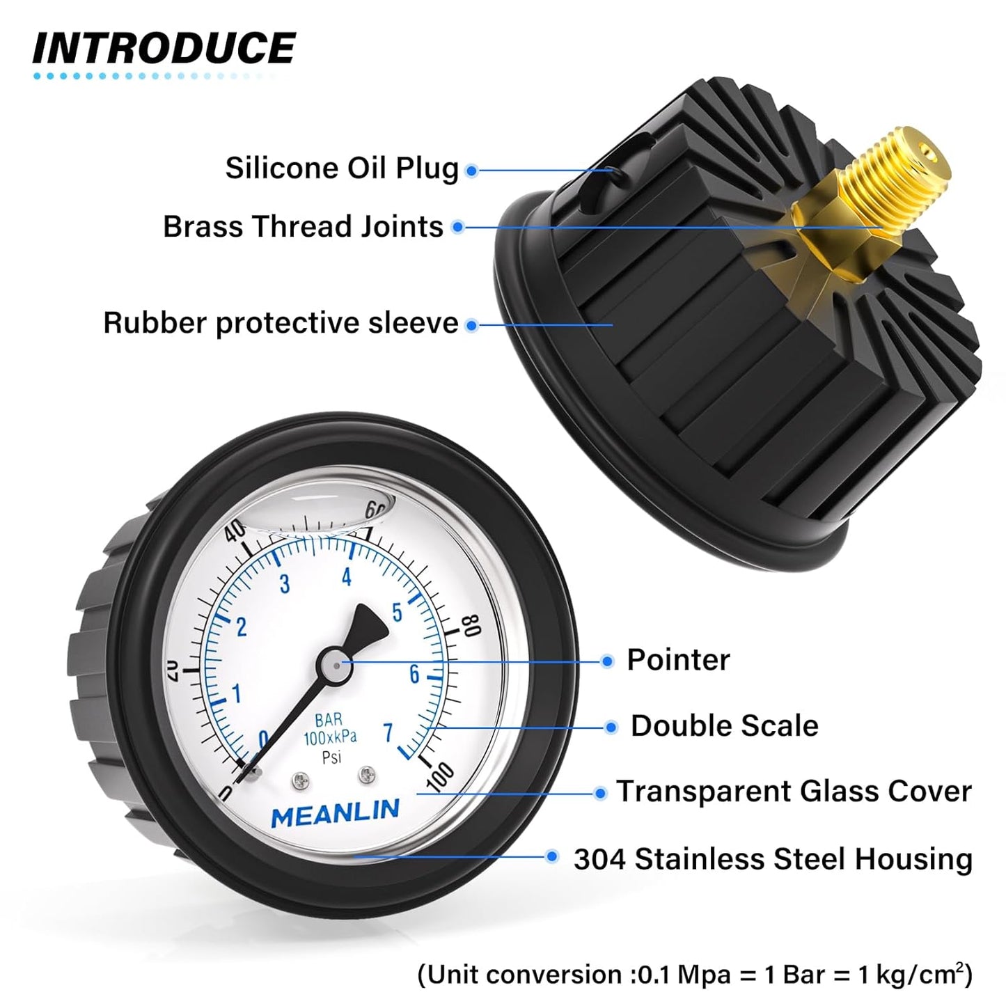MEANLIN MEASURE 0~100Psi Stainless Steel 1/4" NPT 2.5" FACE DIAL,Liquid Filled Pressure Gauge, Center Back Mount (with Rubber Protective Sleeve), with 1/2" NPT and 3/8" NPT Hex Bushing