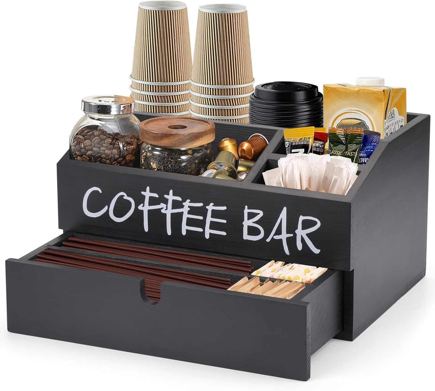 Coffee Station Organizer, Wood Coffee Bar Accessory with Drawer, K Cup Condiment Organizer & Pod Holder (30x20x16cm) - Black
