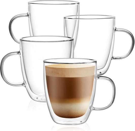 CNGLASS Large Glass Coffee Mugs 12oz,Double Walled Insulated Cappuccino Mug with Handle,Set of 4