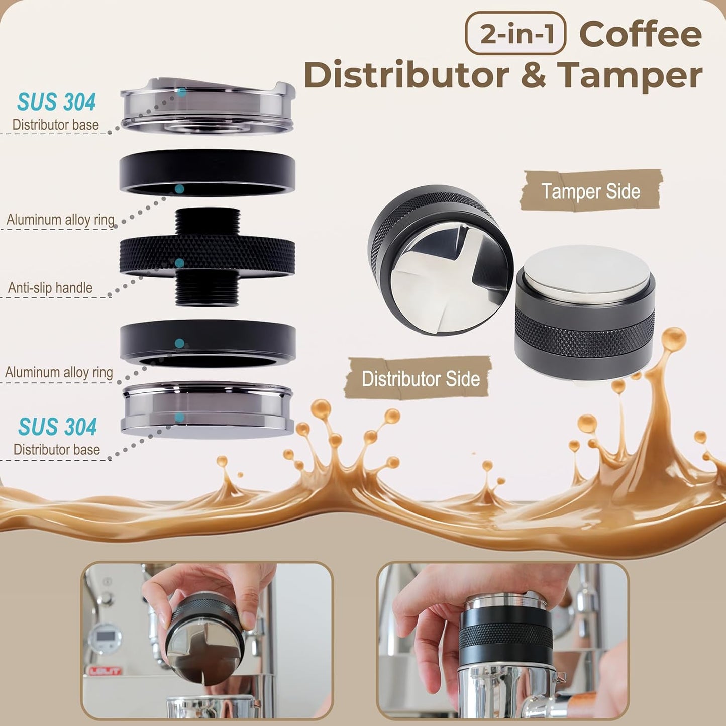 53mm Coffee Distributor & Tamper - Dual Head Adjustable Depth for Breville Barista Pro/Express/Touch - 304 Stainless Steel Compatible with 54mm Bottomless Portafilter, Black