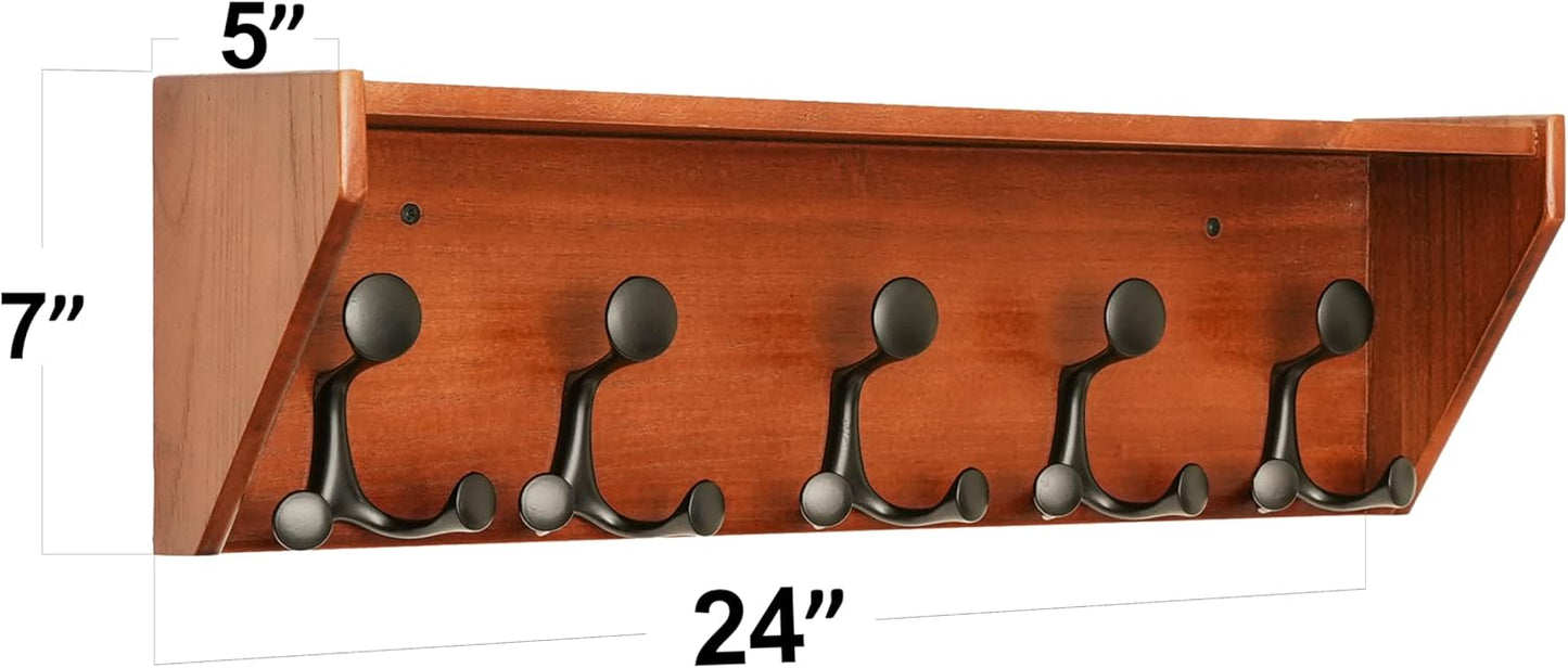 SKOLOO Wall Shelf with Hooks, 24-Inch Cherry Coat Rack Wall Mount with Shelf Organizer - Lightweight & Sturdy, 5 Tri Hooks - Perfect for Entryway, Hallway, Living Room, Bedroom, Mudroom