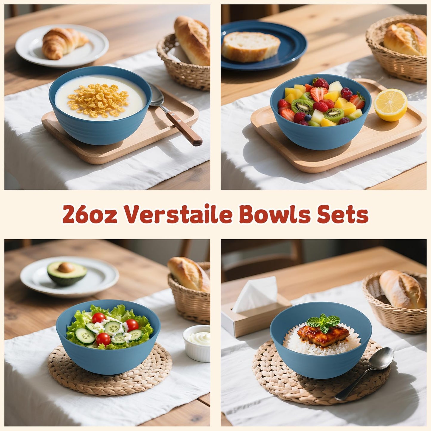 6-piece Wheat Straw Bowls sets 26oz,Alternative Plastic Bowls Reusable for indoors and outdoors,Microwave-able and Dishwasher Safe Bowls Sets Easy to Clean.Blue Series