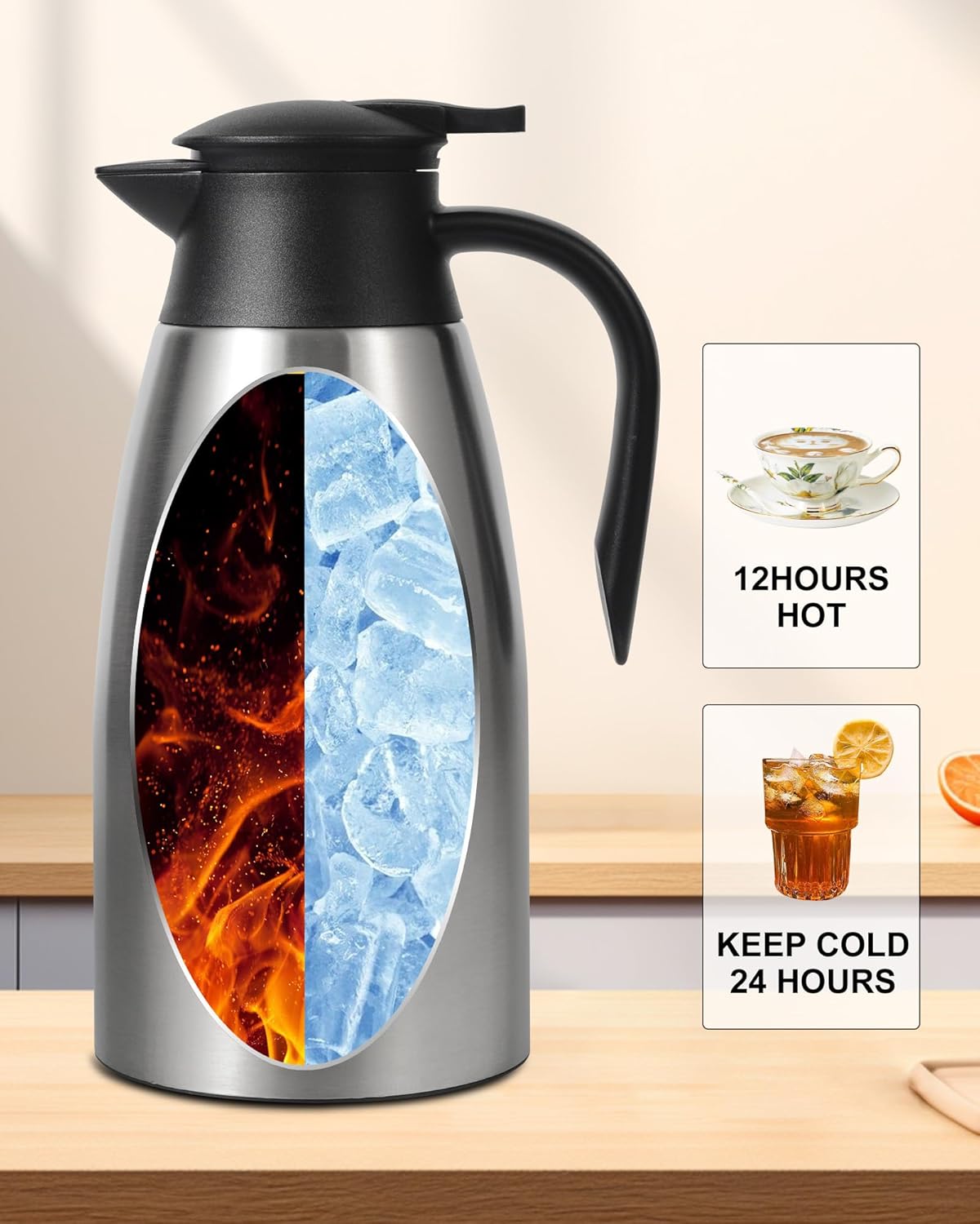 70Oz Thermal Coffee Carafe for keeping hot, 2 PCS Updated Carafe for hot liquid, Insulated Coffee Carafe Stainless Steel Thermal Pot for Coffee, Hot Water,Keep Hot 12 Hours (silver+silver)