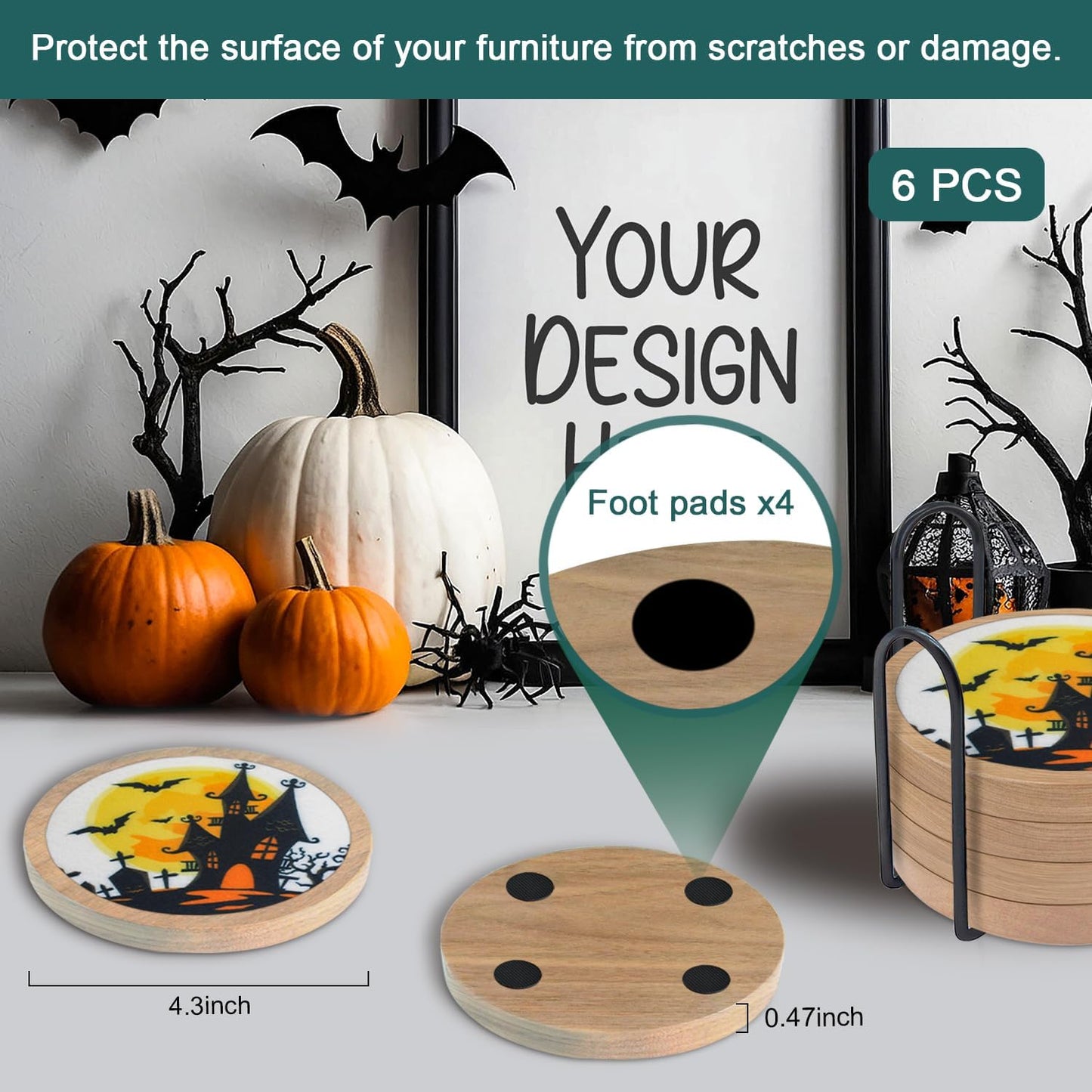 Halloween Coasters Set of 6, Unique Coaster, Minacun Absorbent Coasters with Holder Halloween Thanksgiving Themed Party Decoration 4.3 Inch