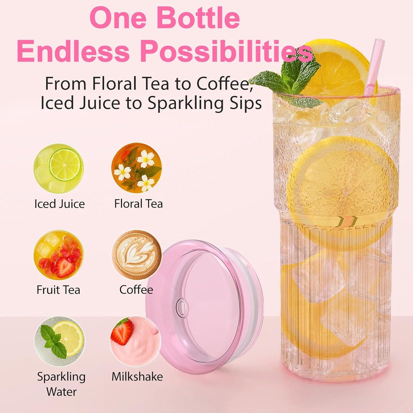 20oz Glass Cups with Lids and Straws - Set of 4 Reusable Tumblers, Thickened Shatter-Resistant Glass, Ideal for Iced Coffee, Smoothies, Cocktails, Juices - Elegant & Durable Drinkware (Pink)