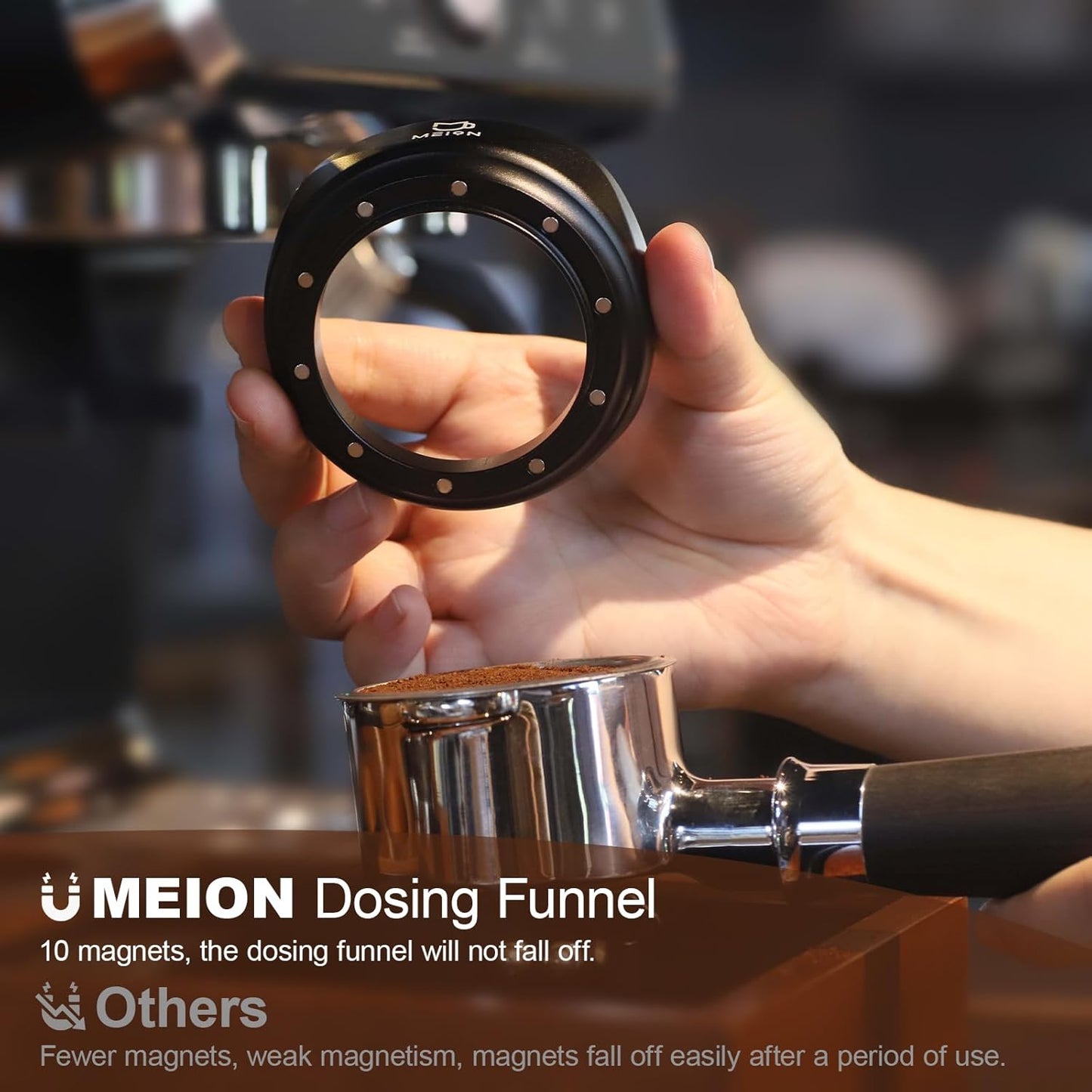 MEION 51mm Dosing Funnel, Magnetic Espresso Dosing Funnel Coffee Funnel Compatible with 51mm Portafilter, Espresso Tools Portafilter Funnel (51mm, Black)