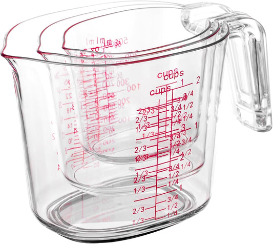 3PCS Nesting Liquid Measuring Cups Set, Measuring Jugs For Kitchen 1 Cup/250ml/8oz, 2 Cup/500ml/16oz,4 Cup/1000ml/32oz - BPA Free Plastic Set with Spout Multiple Measurement Scales (Clear)