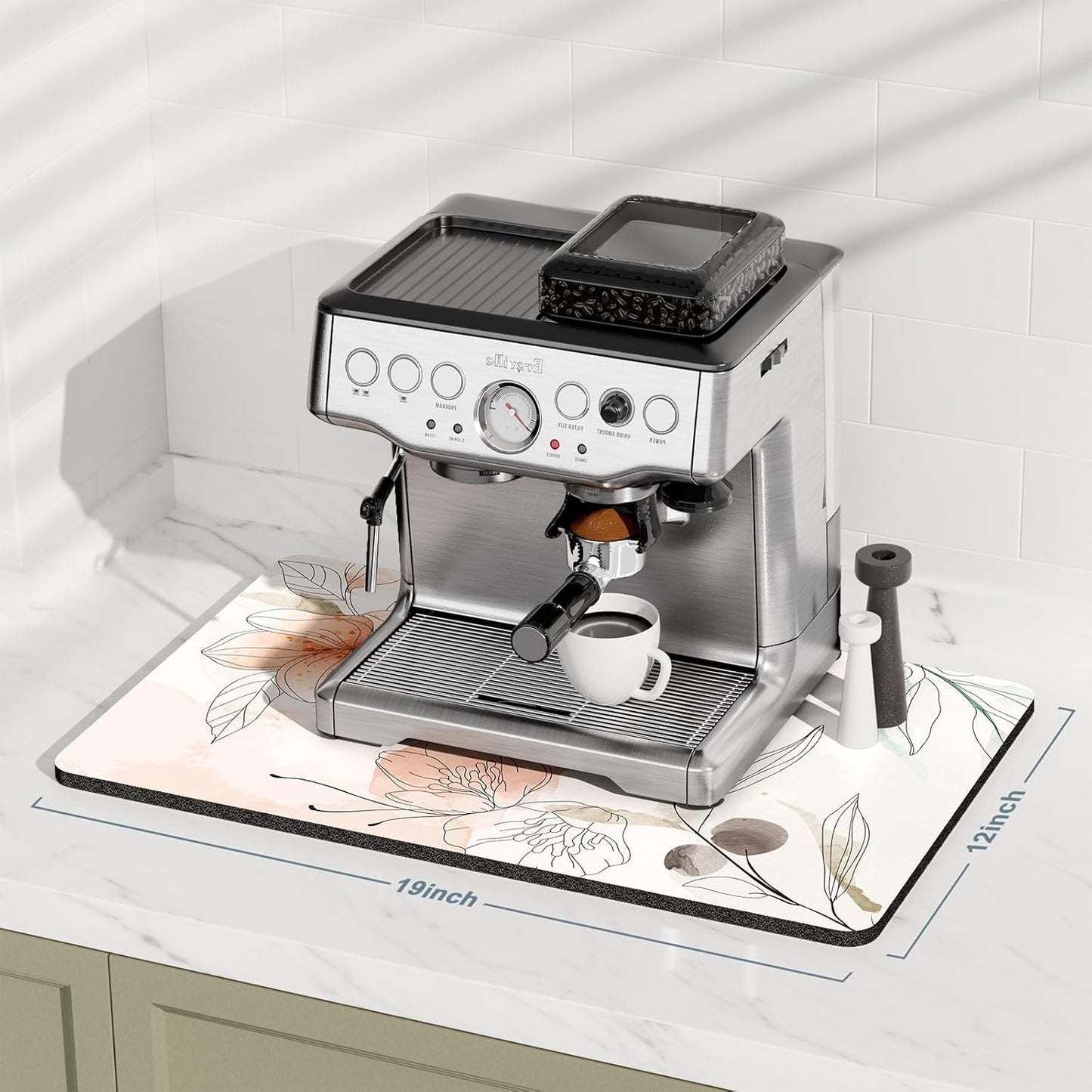 Rnivvi Coffee Mat, 12" x 19" Cute Coffee Bar Mats for Espresso Machine Station Accessories and Organizer, Hide Stain Rubber Backed Absorbent Dish Drying Pad for Kitchen Counter, Watercolor Flowers