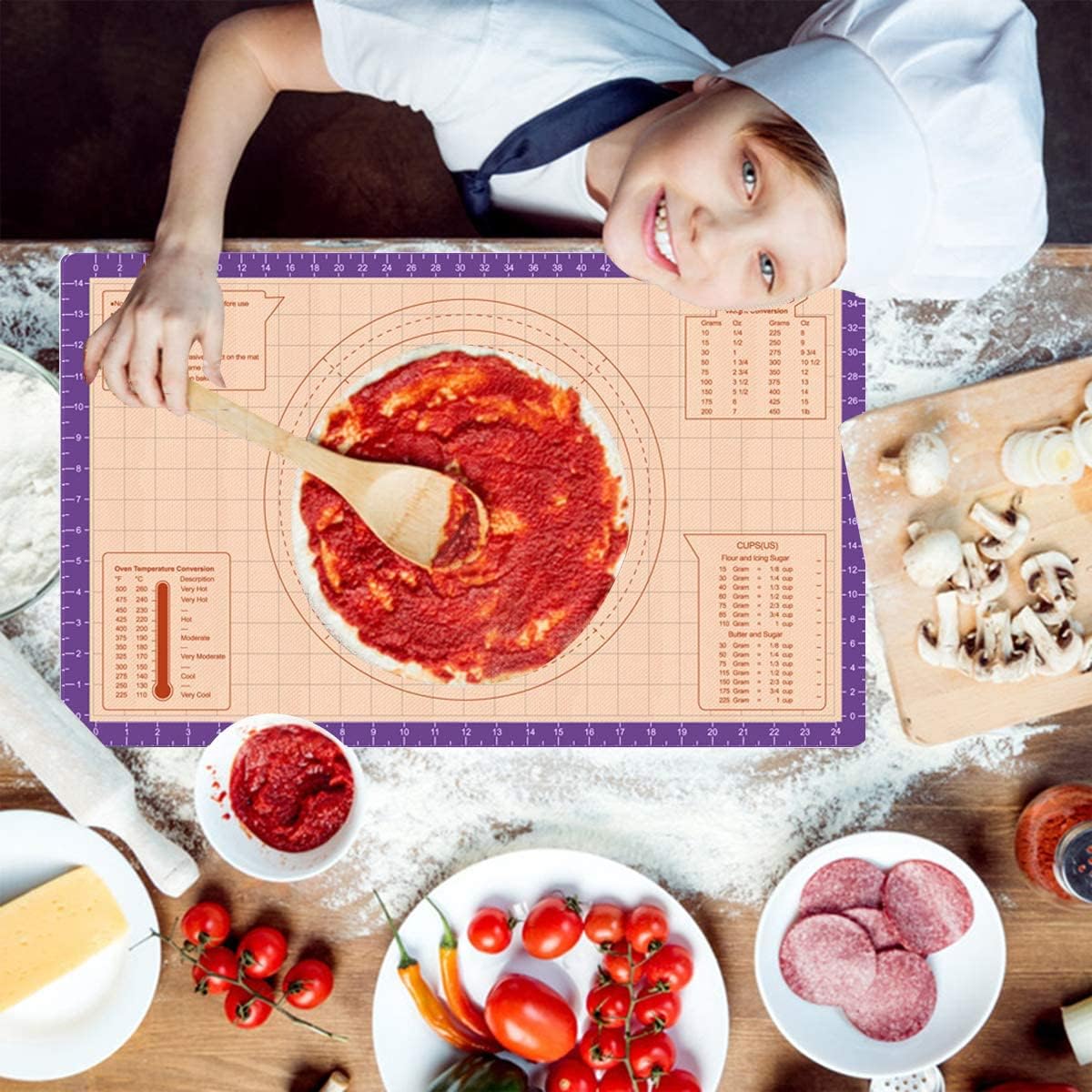 Silicone Pastry Baking Mat Non Stick-Large Rolling Dough with Measurements-Non Slip Pizza,Fondant,Pie,Cake Baking Mat - 26 x 16 Inch By Cook Time(Purple)
