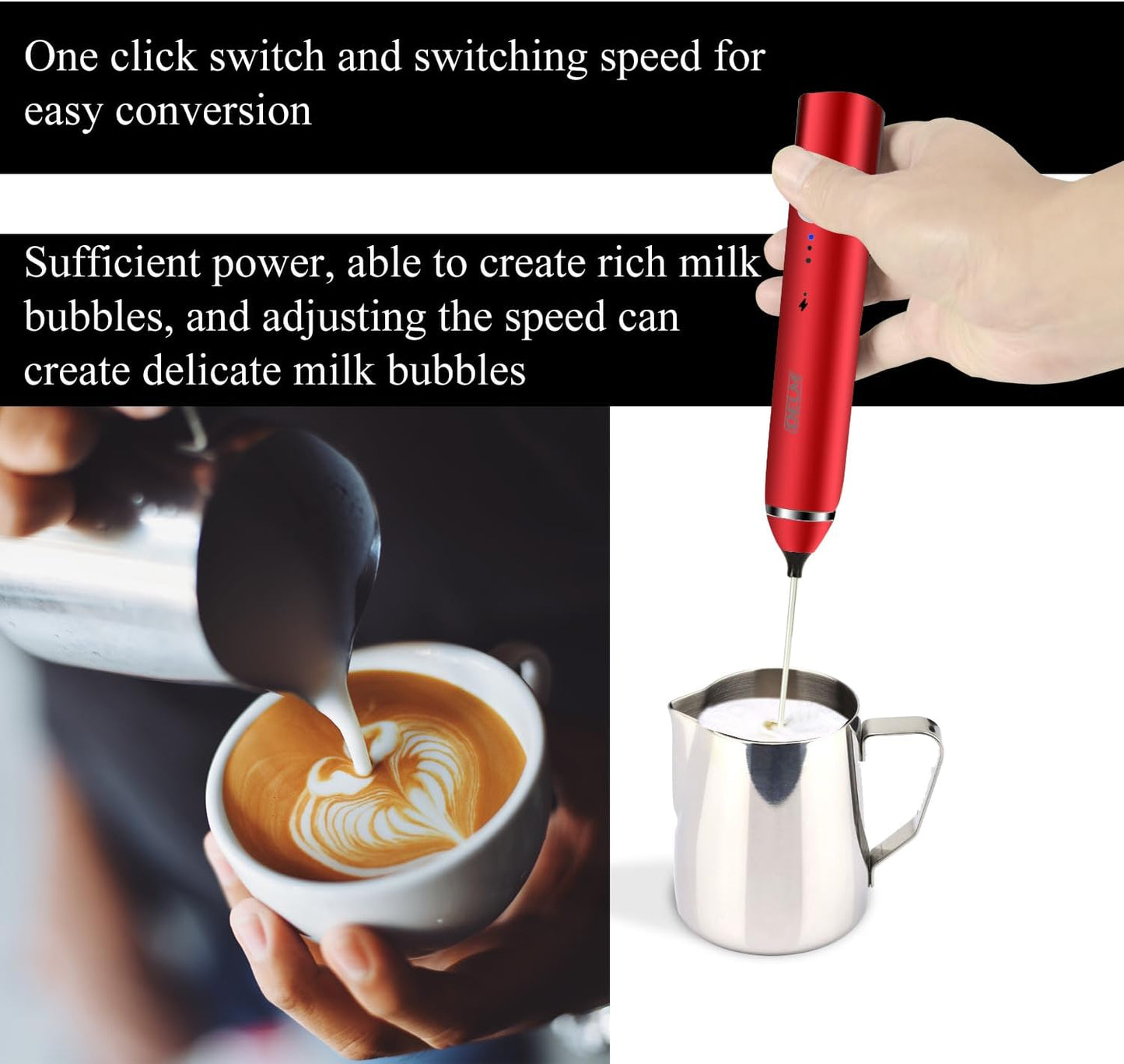 Delm Milk Frother Electric USB Stainless Steel Accessory - Frother Wand Foam Maker for Lattes - Milk Frother Handheld for Cappuccino, Frappe, Matcha, Hot Chocolate - Frother for Coffee (red)