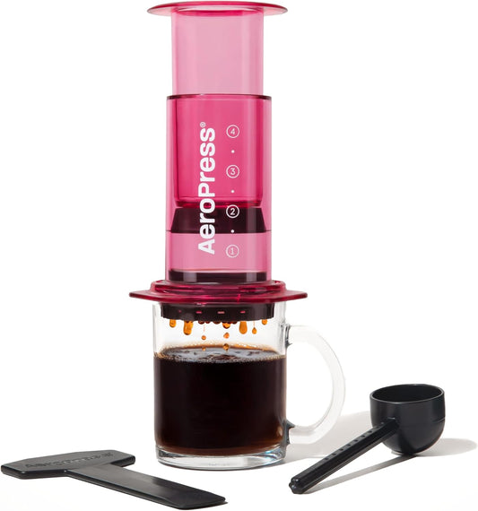 AeroPress Clear Pink Coffee Press – 3 In 1 Brew Method Combines French Press, Espresso, Full Bodied Coffee Without Grit or Bitterness, Small Portable Coffee Maker for Camping & Travel, Pink