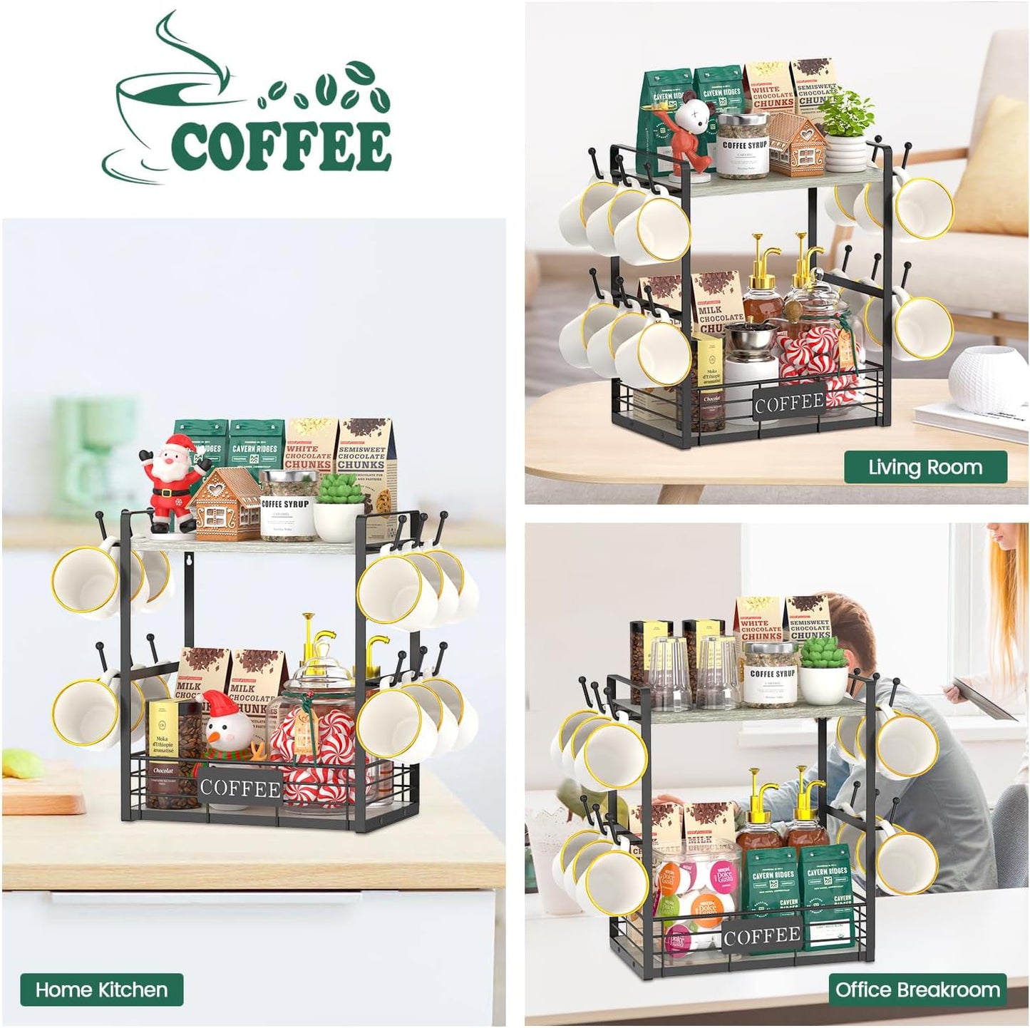 EsLuker.ly Coffee Mug Cup Holder Stand Bar Station Organizer for Countertop, Multi-Functional 2 Tier Mug Tree Rack for Kitchen, Storage Shelf with 12 Hooks, Light Grey-Black(Patented Design)