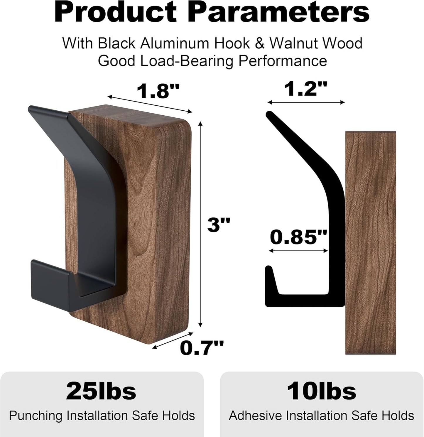 4 PCS Black Walnut Wood Wall Hooks Adhesive Mounted & Wall Mounted Rustic Decorative Entryway Hooks Mid Century Modern Natural Wooden Pegs for Hanging Coat Clothes Hat Bag Purse and Towel