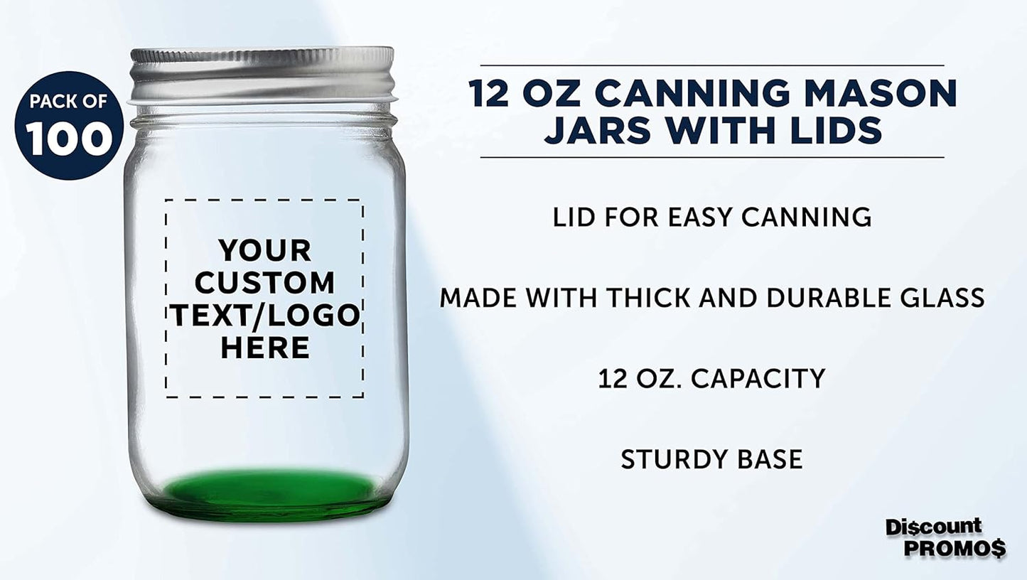 DISCOUNT PROMOS 100 Decorating Mason Jars Set, 12 oz. - Customizable Text, Logo - Canning, Aluminum Lid - Green