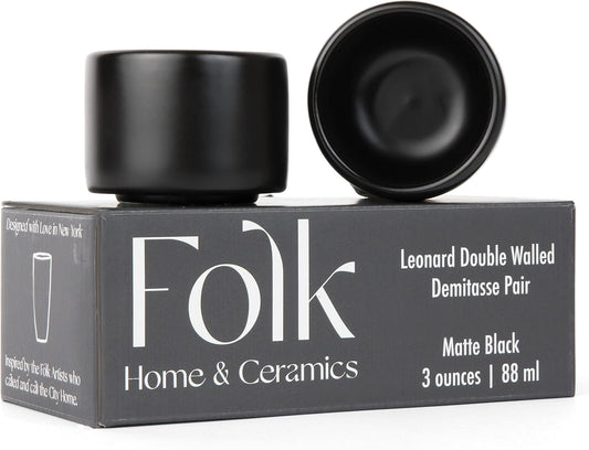 Folk Ceramics Leonard Ceramic Espresso Cups | Modern Stackable Demitasse Mugs for Espresso | Thick Walled, Handleless, Durable, Dishwasher & Microwave Safe | Set of 2, 3oz | Matte Black