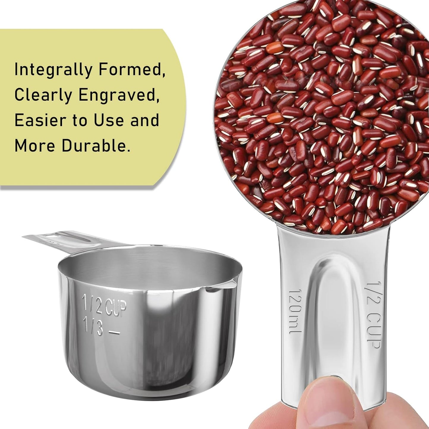 4PCS 1/2Cup (120ml, 4oz) Single Measuring Cup, Stainless Steel Measure Scoop, Metric and US Measurement, Dishwasher Safe