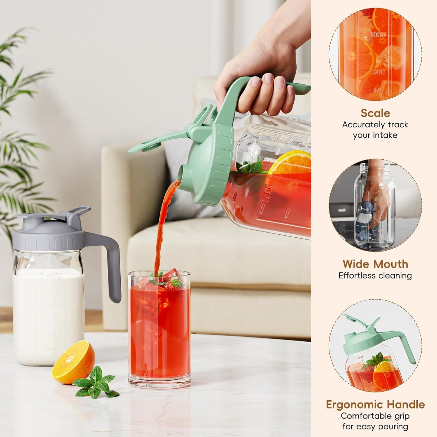 Glass Mason Jar Pitcher, 64 oz Wide Mouth Jug with Pour Spout Handle Lid for Cold Brew Coffee, Ice Beverage, Iced Juice, Lemonade, Sun Tea, Fruit Drinks Container（Purple）