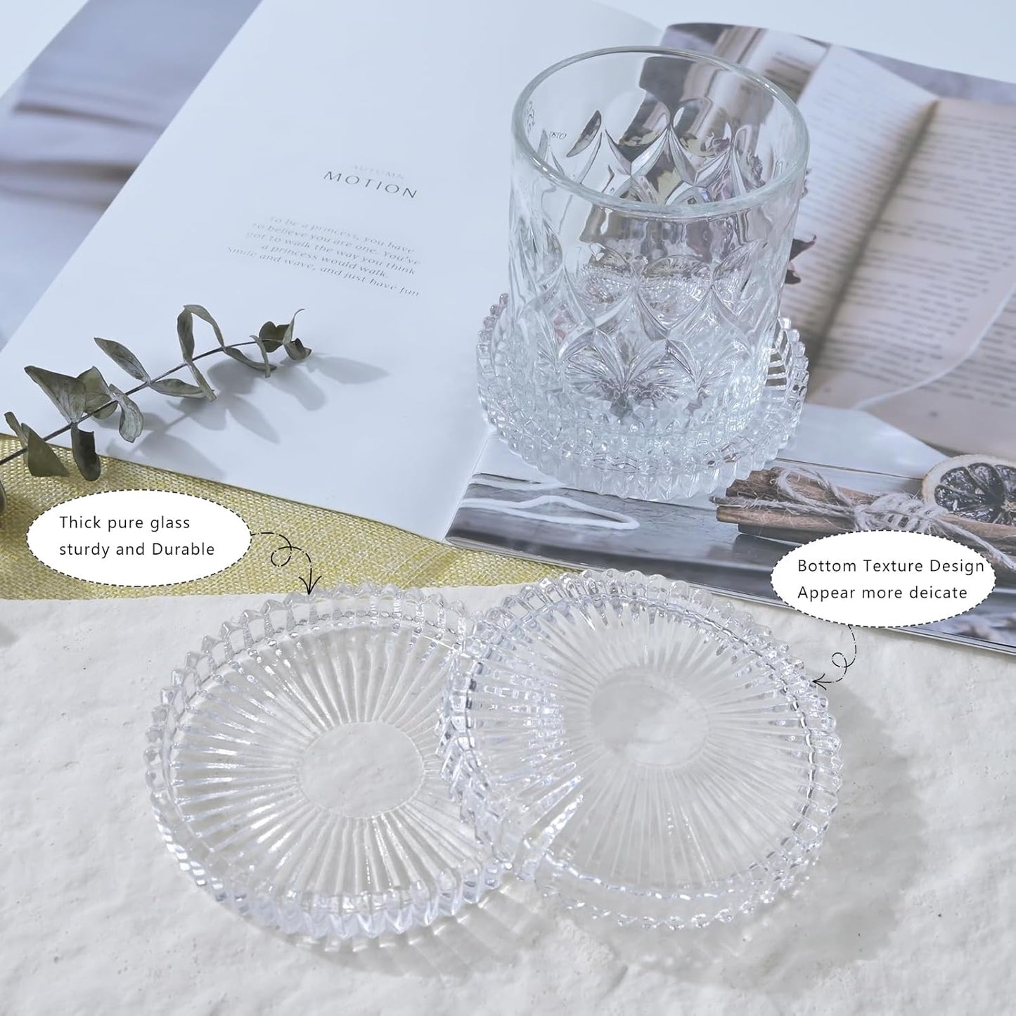 Glass Coaster 6 Pack Round Cup Coasters for Drinks,Crystal Coffee Coaster,Stylish Drink Coasters for Kitchen Bar Dining Room Living Room Office Decor and Jewelry Storage,Clear