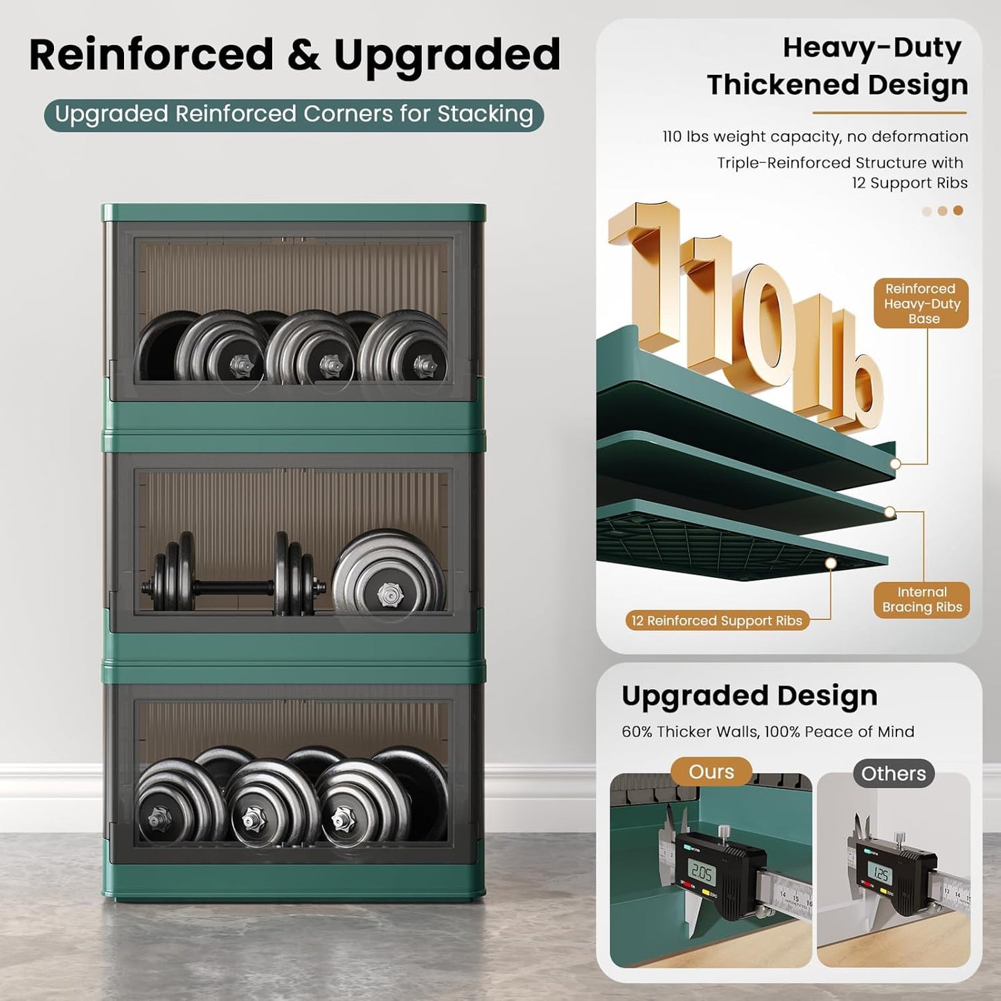 8.4Gal Collapsible Storage Bins with Lids & Wheels - 1 Pack Stackable with Doors, Heavy-Duty Plastic Containers for Home/Office, Green