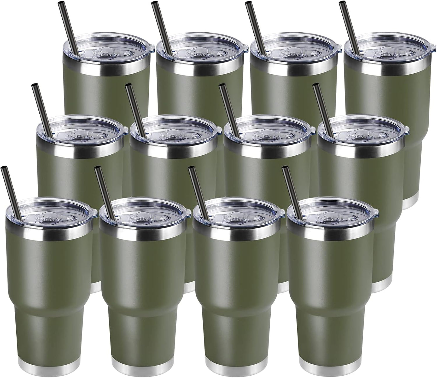 DOMICARE 30 oz Tumbler with Lid and Straw, Stainless Steel Tumblers Bulk, Insulated Vacuum Double Wall Travel Coffee Mug, Durable Powder Coated Tumbler Cups (Army Green, 12)